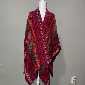 Shiraleah Chicago Multicolor Chevron Knit Shawl Wrap Oversized Boho Poncho Red